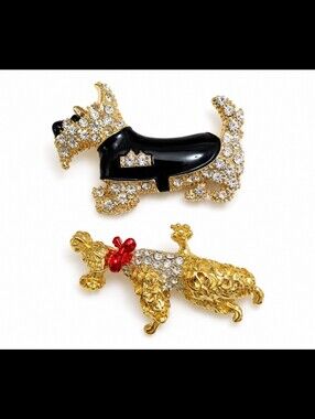 Vintage Dog Brooch Duo Rhinestone Scottie & Poodle Gold Tone Pin Set Whimsical